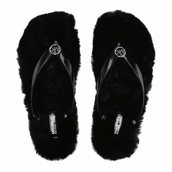 New! MICHAEL KORS Logo Women's Faux Fur Flip Flop Thong Sandals Black - Picture 2 of 8